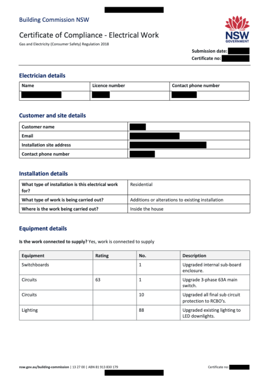 Certificate of Compliance for Electrical Work