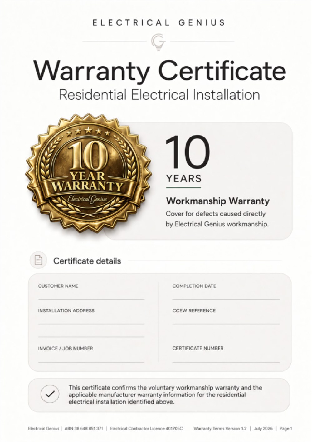 Electrical Genius Warranty Certificate for a residential electrical installation